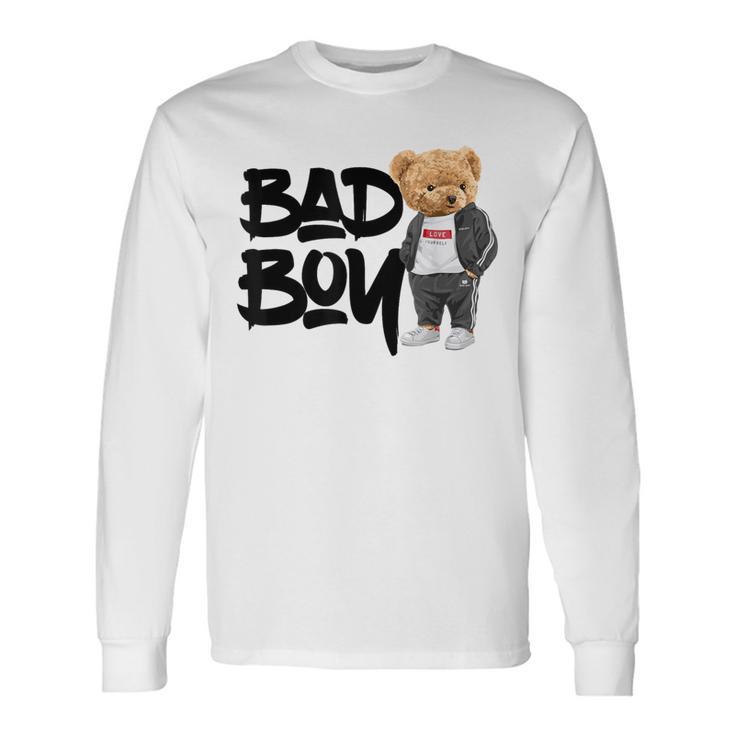 Angry Bad Boystyle、クールなテディベア、バッドボーイグラフィックデザイン。 長袖Tシャツ