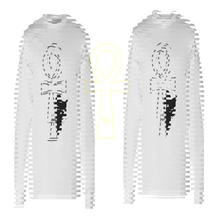 Ankh & Cat デザイン – スピリチュアル瞑想アート 長袖Tシャツ