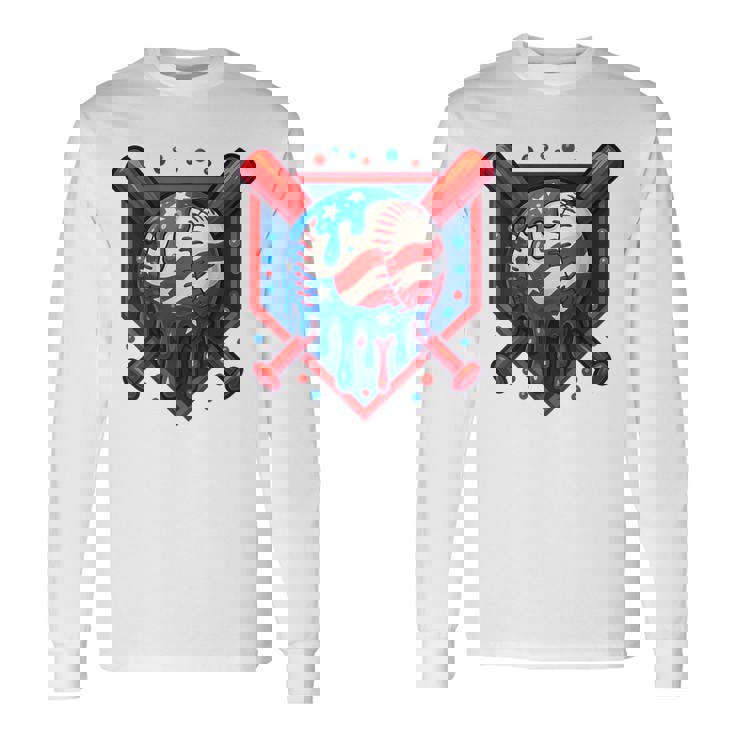 Baseball Drip Ice Cream 4Th Of July Usa Flag Long Sleeve T-Shirt
