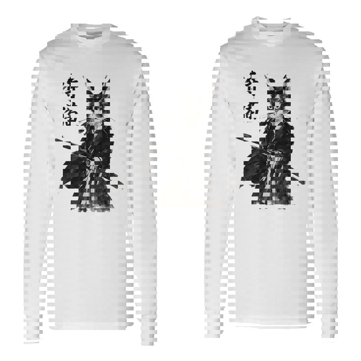 Gatoamurai Guerrero Japonés Ukiyo-E Arte Camiseta de manga larga
