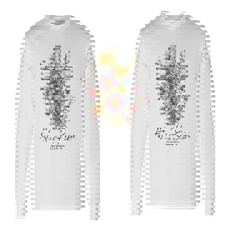 He Is Risen 花柄 十字架 春の花 イースター クリスチャ 長袖Tシャツ