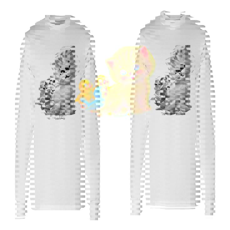 Kitten With Happy Little Birds 長袖Tシャツ