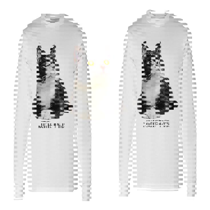 Mischief In Fur 猫写真 ハチワレ猫 黒白猫 猫好き ネタ 猫しもべ 猫飼い 猫依存症 長袖Tシャツ