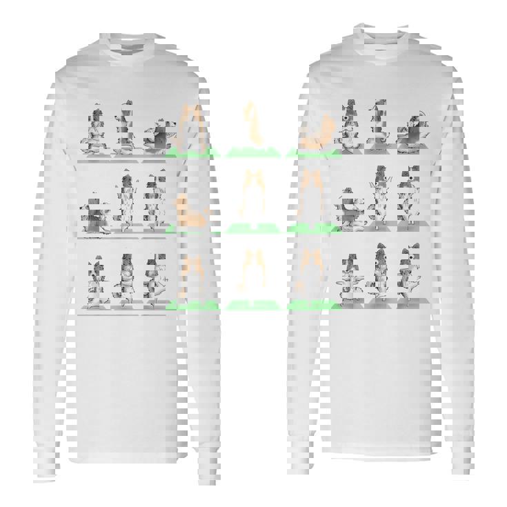 Shetland シープドッグ シェルティ 犬 ヨガ ポーズ ワークアウト エクササイズ 長袖Tシャツ