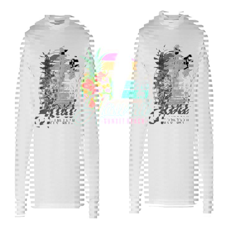 Sunset Beach Hawaii、サーフィンサーフボードレトロ、バックプリント 長袖Tシャツ