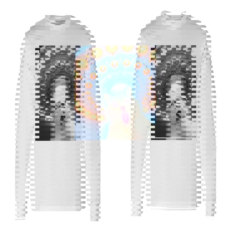Ufo エイリアンフライングソーサー付き面白い白猫愛好家セルフィー 長袖tシャツ 長袖Tシャツ
