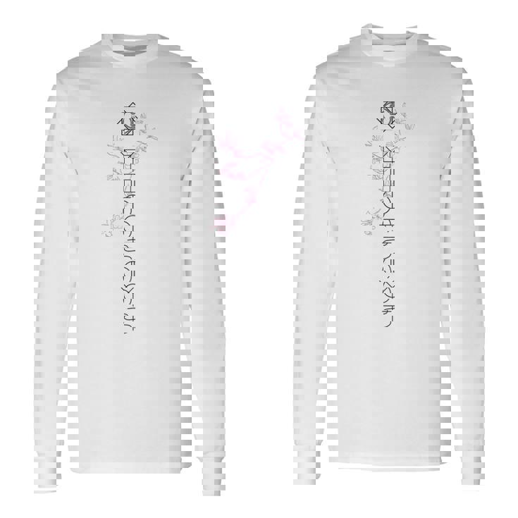 「桜／とほかみえみため」 言霊 ホツマ文字 ヲシテ文字 とほかみえひため 桜 神社 開運 お守り バックプリント 長袖Tシャツ