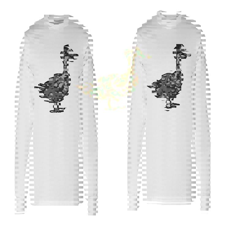 「鴨フラージュ」かも カモフラージュ 迷彩 ダジャレ 駄洒落 動物 鳥 カモ 鳧 カムフラージュ 兵士 軍隊 軍人 国防 長袖Tシャツ