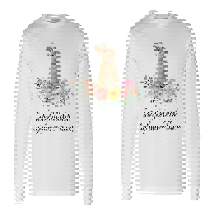 うさぎと花に気が散りやすい ウサギ かわいいウサギ 長袖Tシャツ