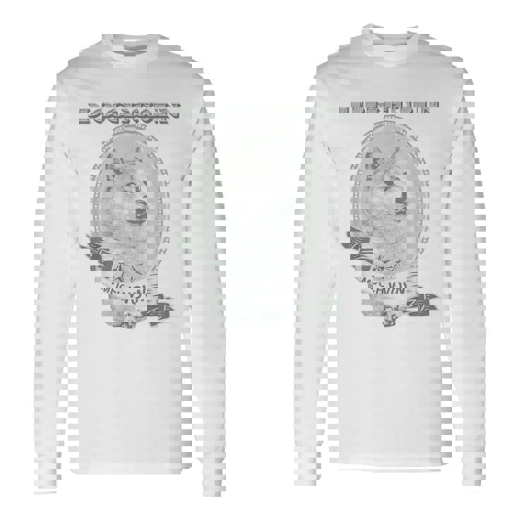 おもしろいいいいどこん 柴犬犬 ドル札 暗号のお金 長袖Tシャツ