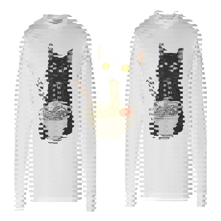 おもしろ猫 食べる 麺 ラーメン 日本猫 食べる 麺 長袖Tシャツ