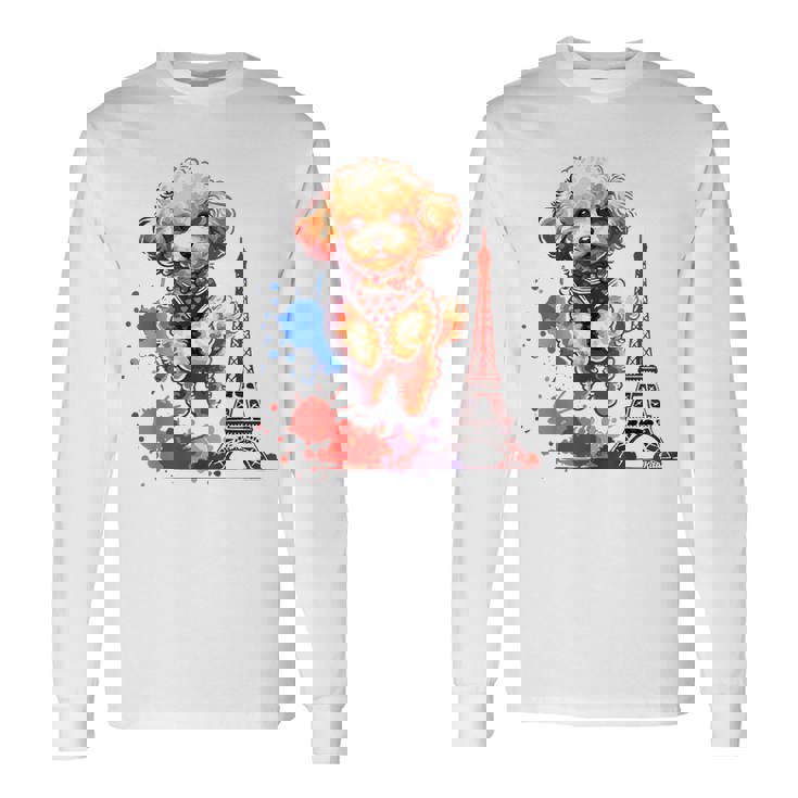 かわいい フランス パリ エッフェル塔 トイプードル パリ ジャンプ 子犬 長袖Tシャツ