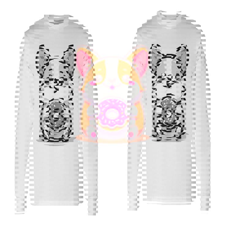 かわいいコーギーのドーナツを持つ漫画の犬愛好家アートキッズ。 長袖Tシャツ