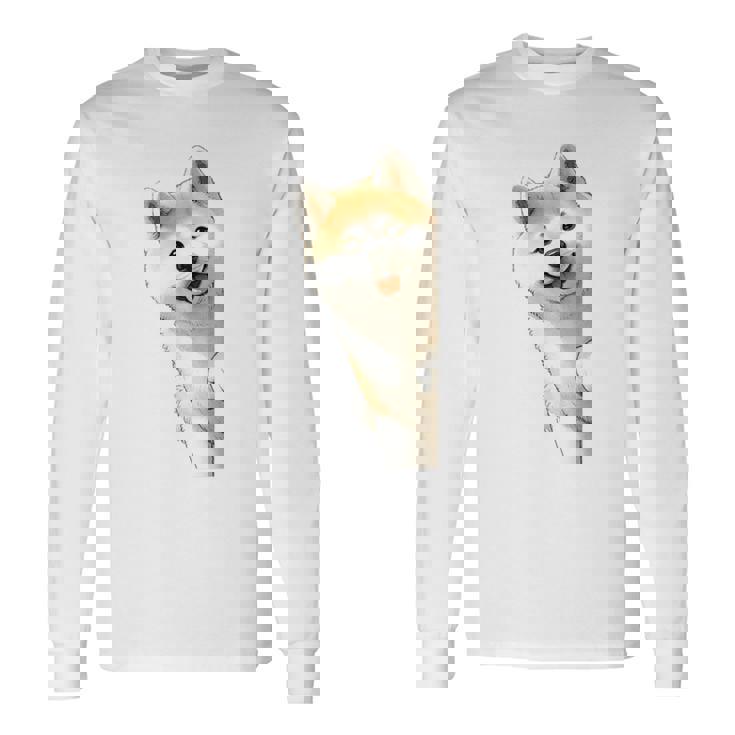 かわいい日本の秋田犬が角をのぞく犬好き。 長袖Tシャツ