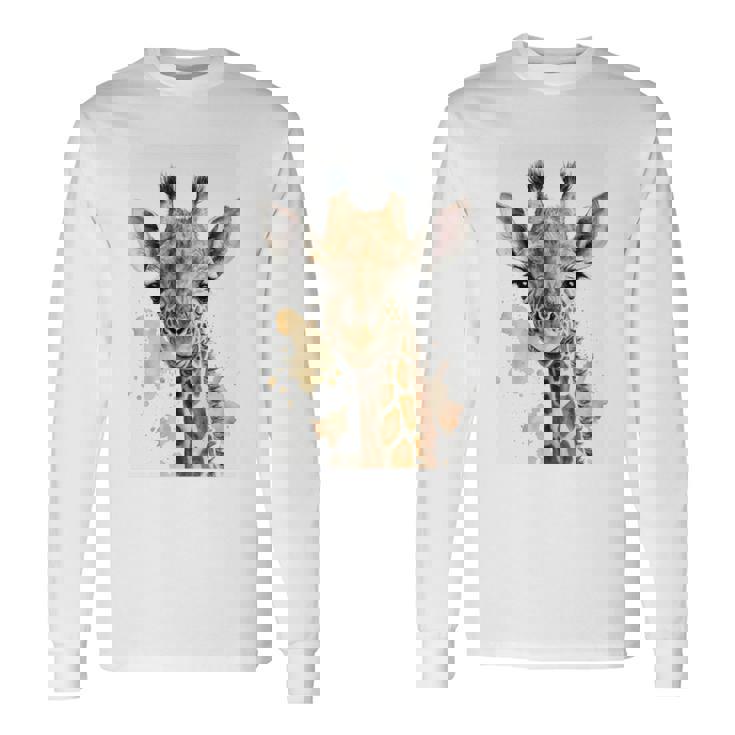 かわいい水彩画 キリン 赤ちゃん 美的 動物 アート 絵画 長袖tシャツ 長袖Tシャツ