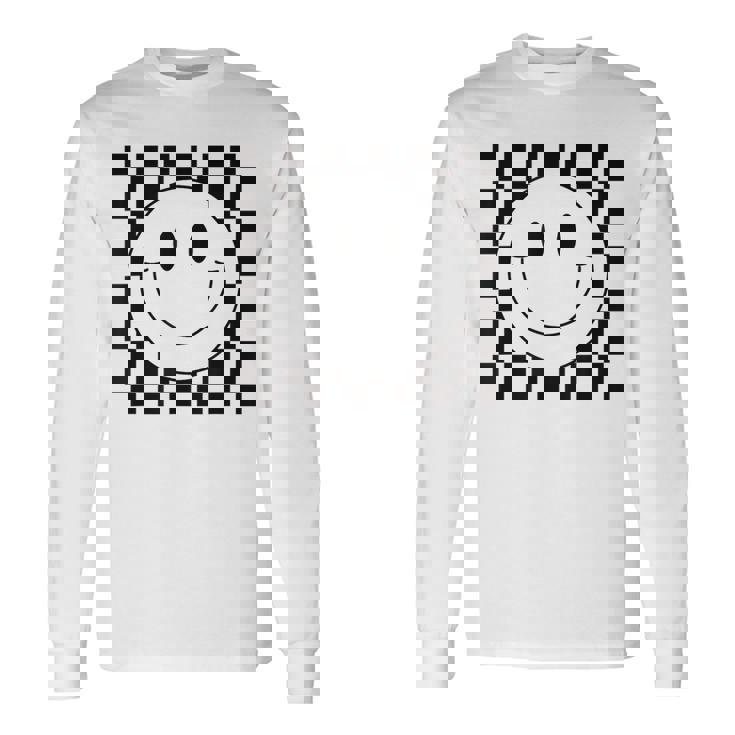 イエロー スマイル フェイスシャツ かわいい チェック柄 スマイル ハッピー 長袖Tシャツ