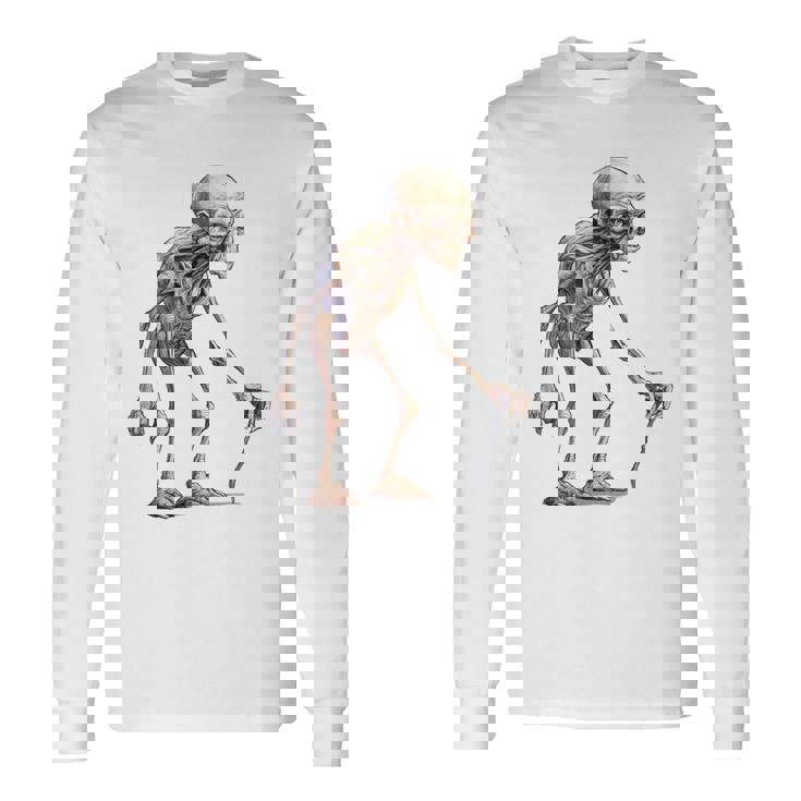 エイリアン スケルトン クリーチャー 松葉杖 スティック 長袖Tシャツ