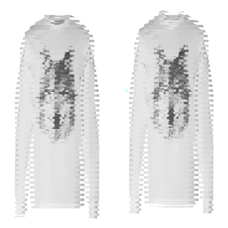 オオカミの顔 青い目 美的スマッジアートスタイル 野生動物 長袖Tシャツ