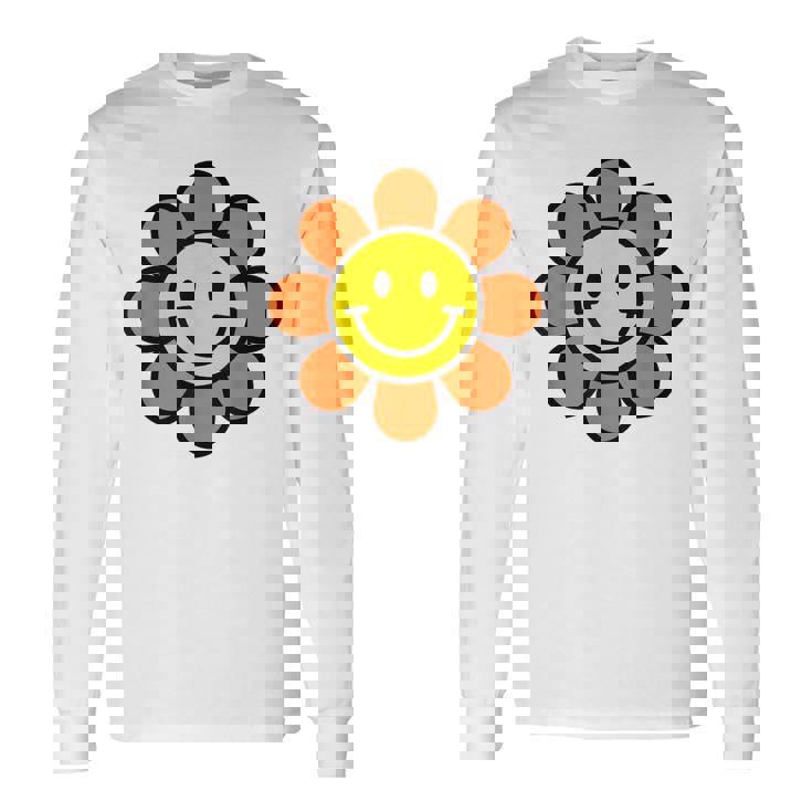 オレンジ イエロー ハッピー スマイル スマイル フェイス デイジー フラワーガール 長袖Tシャツ