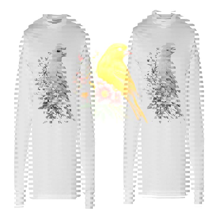 カナリアの鳥好き、ピンクの花のかわいい鳥、自然。 長袖Tシャツ