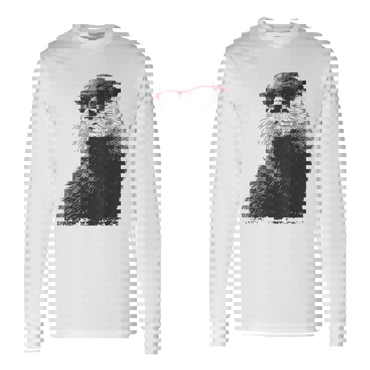 カワウソ アニマル柄 動物園 図面 イラスト 顔 カワウソ 長袖Tシャツ