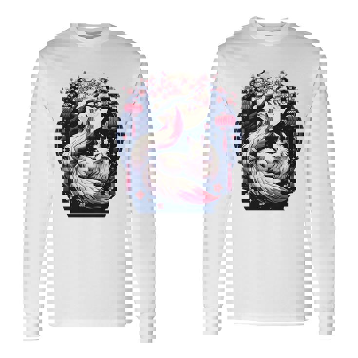 キツネ キツネ 桜 花 日本 九尾狐 長袖tシャツ 長袖Tシャツ