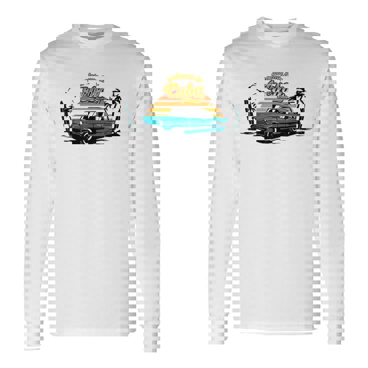 キューバ ヴィンテージカー ラム酒 葉巻 ビーチ 夕日 サーフボード ヤシの木 ハバナ ギフト お土産 太陽 カリブ海 長袖Tシャツ