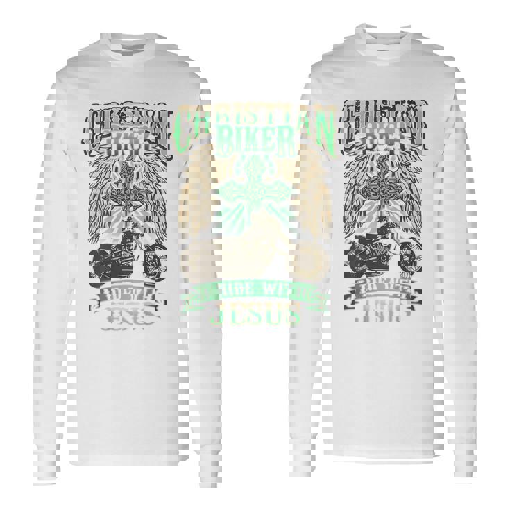 キリスト教バイカーライドウィズジーザスオートバイバックプリントデザイン 長袖Tシャツ
