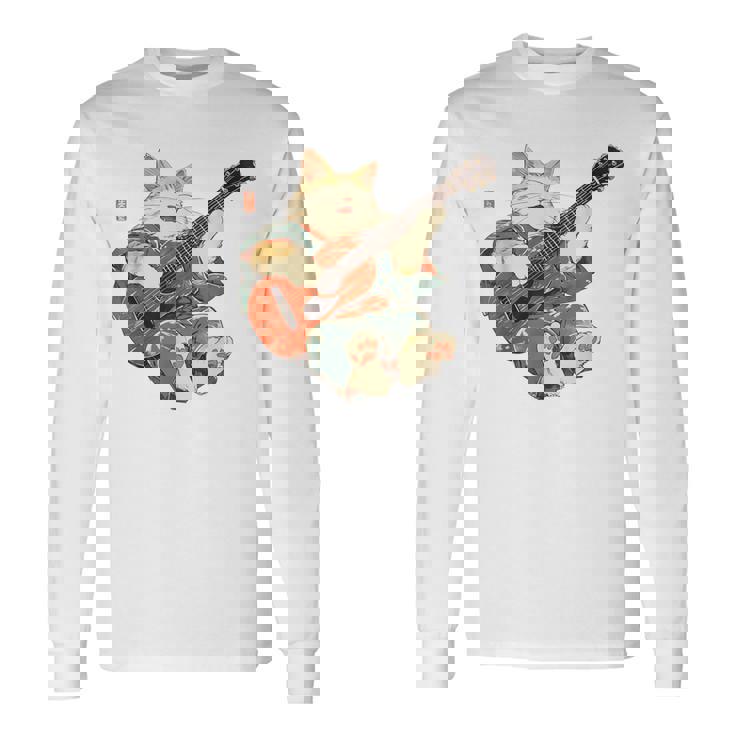 ギターを弾く日本の侍猫 忍者 浮世絵 アニメ 長袖Tシャツ