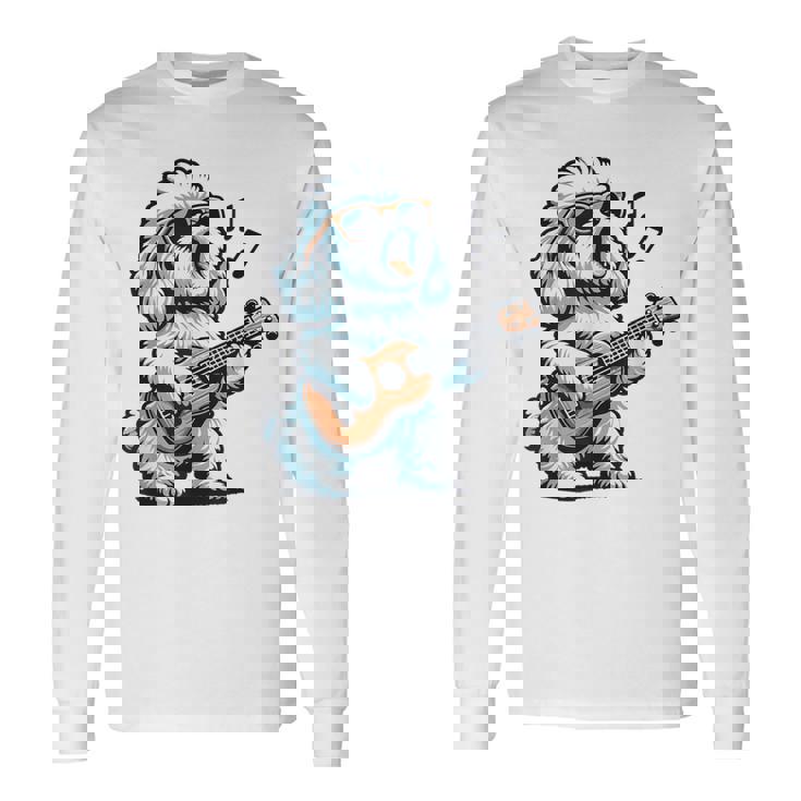 ギターを弾く犬 マルチーズプードル 面白い落書き 長袖Tシャツ