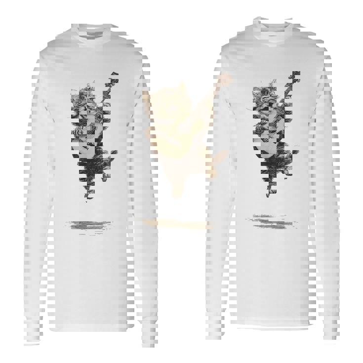 ギターを弾く面白い猫 面白いギター猫 長袖Tシャツ ギフトのアイデア