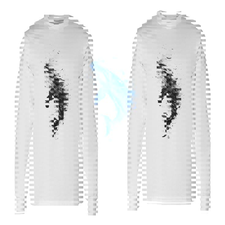 クジラ 水彩 海洋 動物 海の生物 青くじら デザイン 長袖Tシャツ