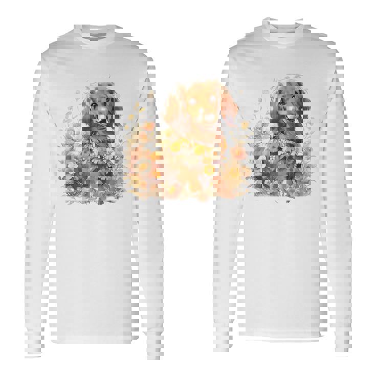 クリーム色の花のダックスフント 愛らしいミニドキシー犬 長袖Tシャツ