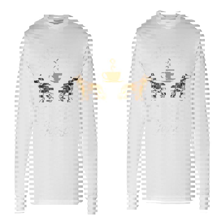 バックプリント コーヒーとジャーマン シェパード 長袖Tシャツ