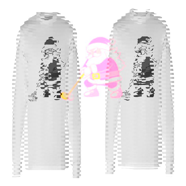 ゴルフをする面白い醜いクリスマスサンタ。 長袖Tシャツ