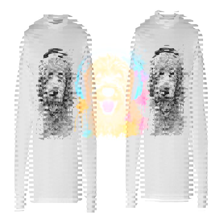 ゴールデンドゥードル、ヘッドフォン、犬、動物プリント 長袖Tシャツ