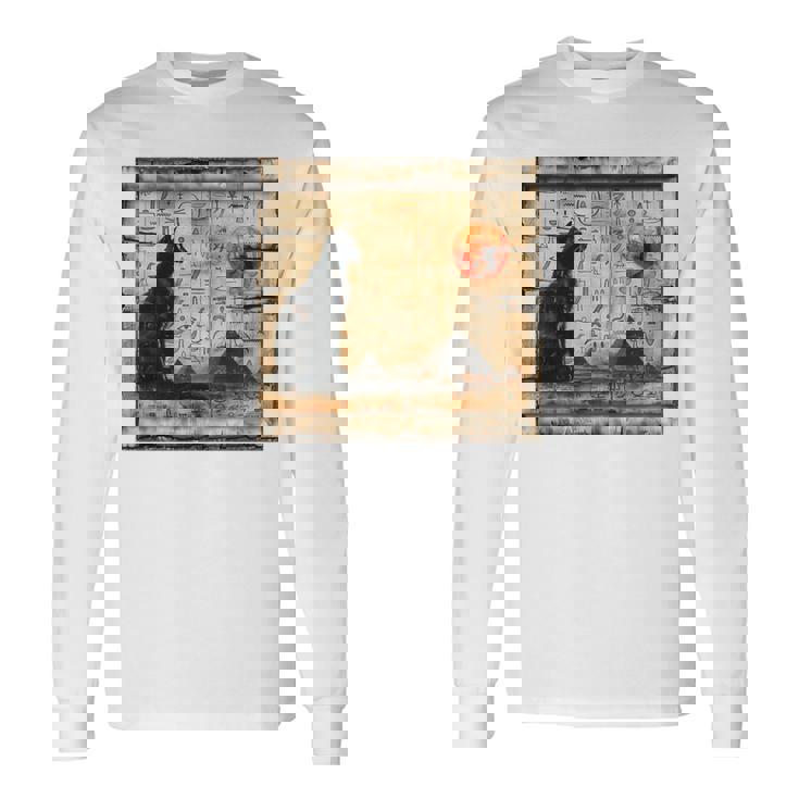 サンセット ピラミッド パピルス スクロール 砂漠 エジプトアート 猫 長袖tシャツ 長袖Tシャツ