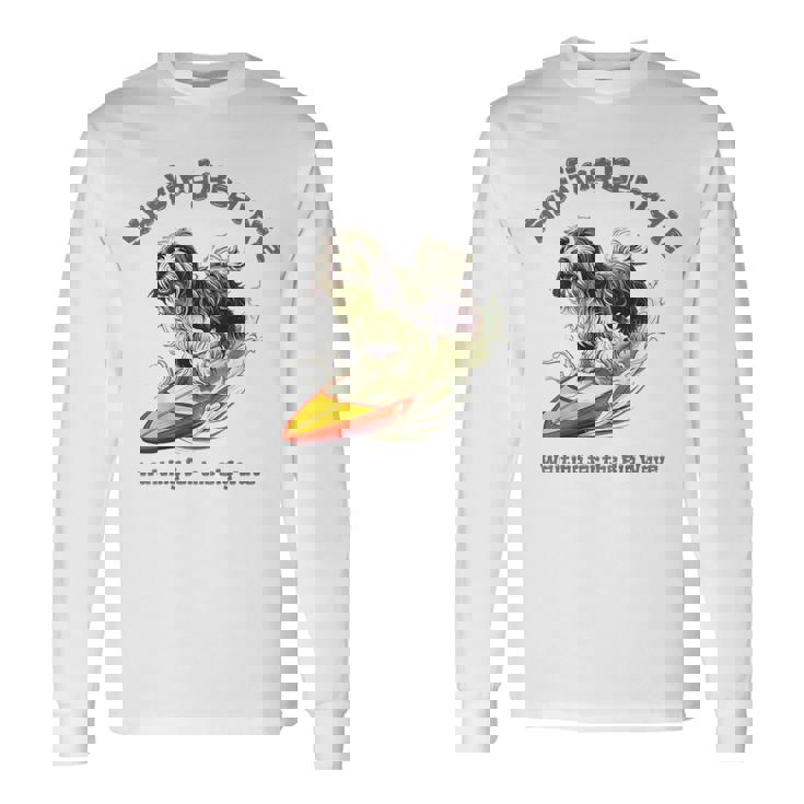 サーフィン 犬 ビアデッドコリー かわいい 面白い 長袖Tシャツ