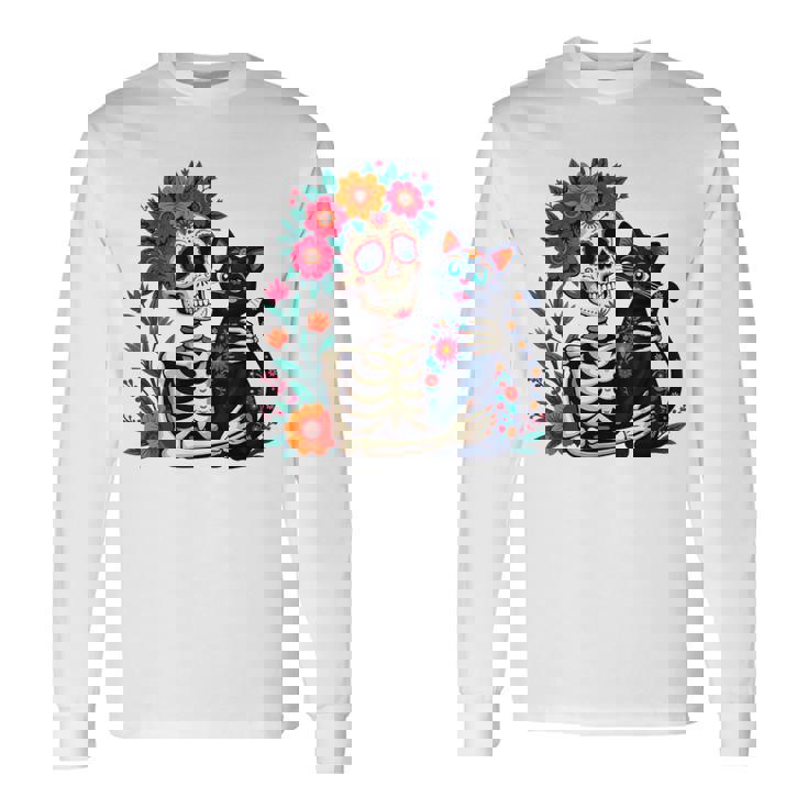 スケルトン ハグ 猫 シュガー スカル Día Los Muertos ハロウィン 長袖Tシャツ