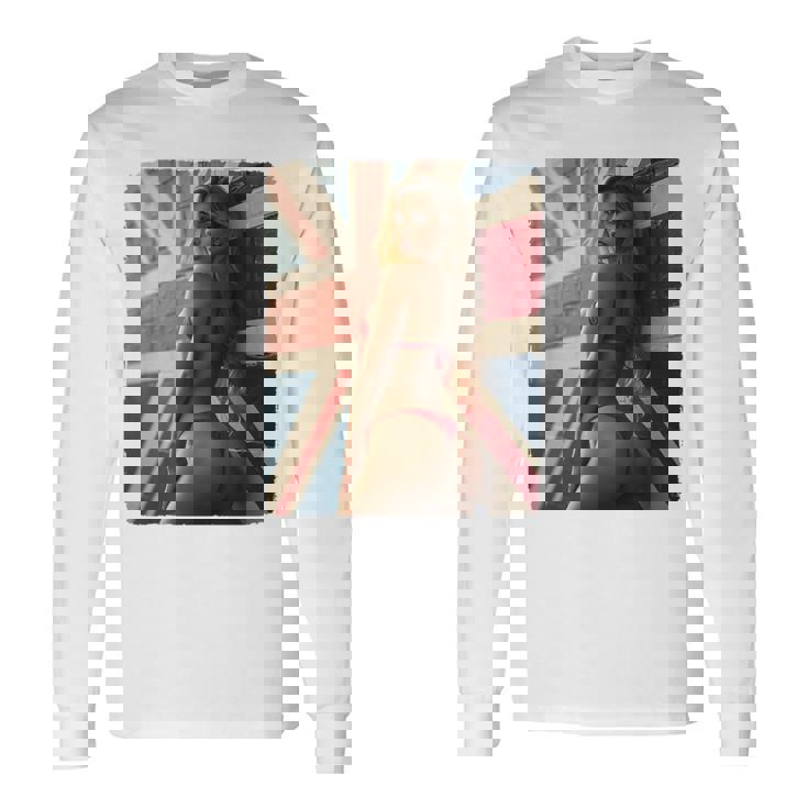 セクシーガールグラフィックtシャツ 「ホットピンナップガール&イギリスの旗」 長袖tシャツ 長袖Tシャツ