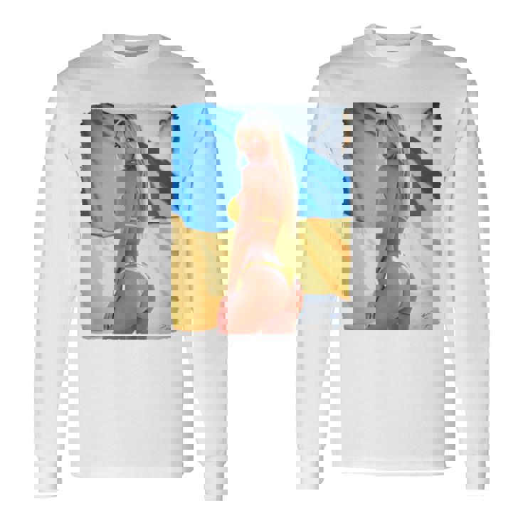 セクシーガールグラフィックtシャツ 「モダンピンナップガール&ウクライナ国旗2」 長袖tシャツ 長袖Tシャツ ギフトのアイデア