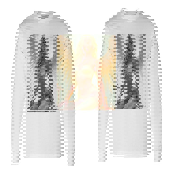 セクシーガールグラフィックtシャツ セクシーシッティングエンジェルピンナップバックプリント 長袖Tシャツ