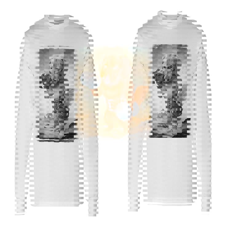 ダックスフンド 犬 筋トレ ウェイトリフティング ダンベル付き 長袖Tシャツ