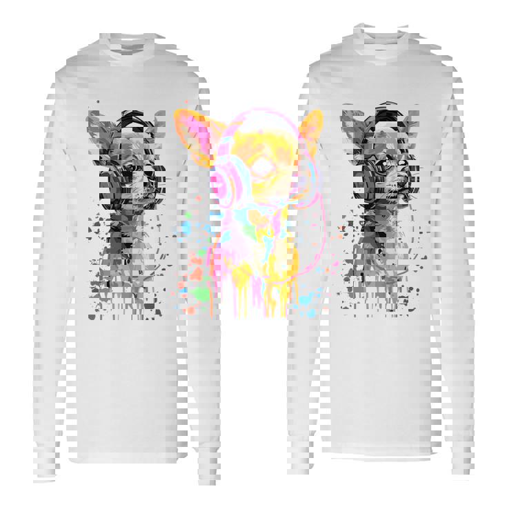 チワワの恋人 ポップアート ヘッドフォンを着て おもしろい チワワ 長袖tシャツ 長袖Tシャツ ギフトのアイデア