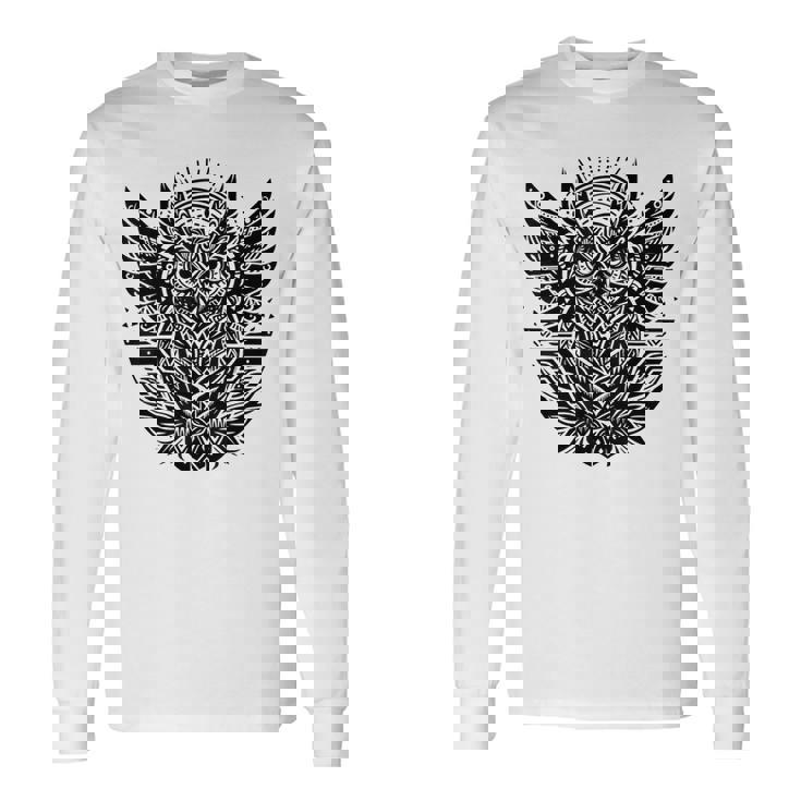 トライバル グレートフクロウ トーテム タトゥー 幾何学模様 長袖Tシャツ