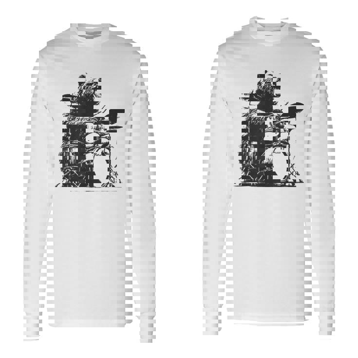 ドラマー ドラムキット クマの演奏 ドラムキット ミュージシャン 長袖Tシャツ