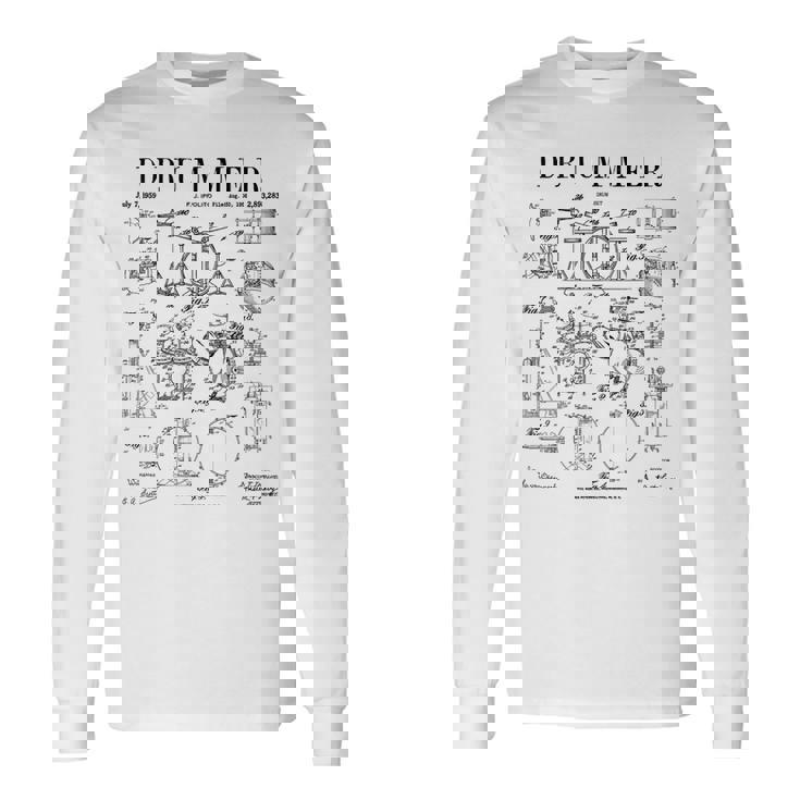 ドラムセットキット ヴィンテージ パテントドラマー ドローイングプリント 長袖Tシャツ