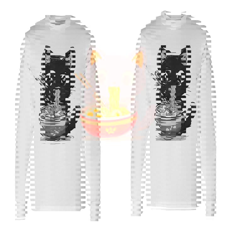 ヌードルキャット黒猫ラーメンデザイン 長袖Tシャツ