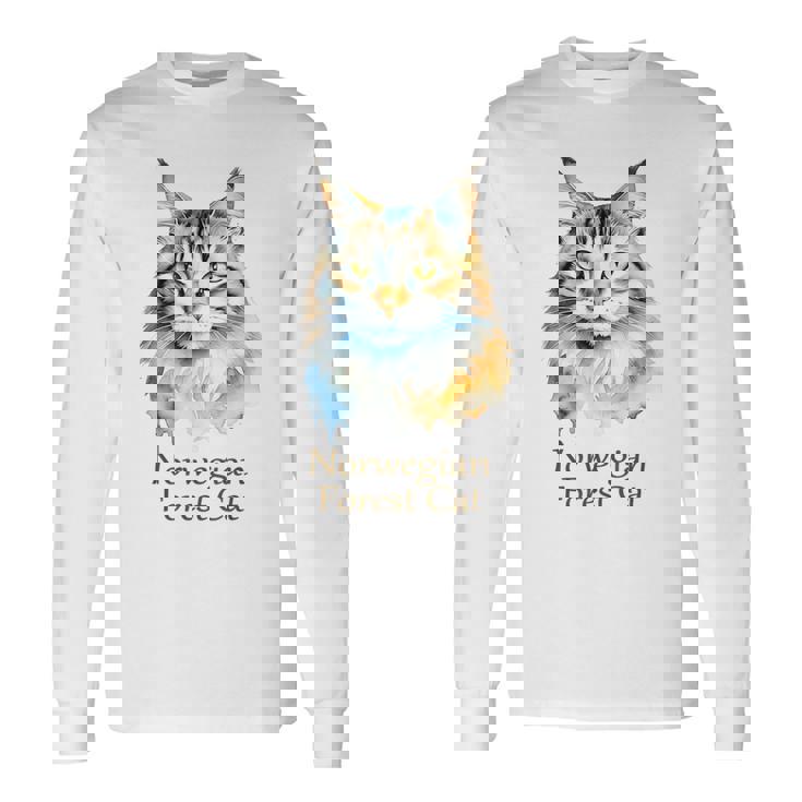 ノルウェージャンフォレストキャット 水彩画ポートレート2 長袖Tシャツ