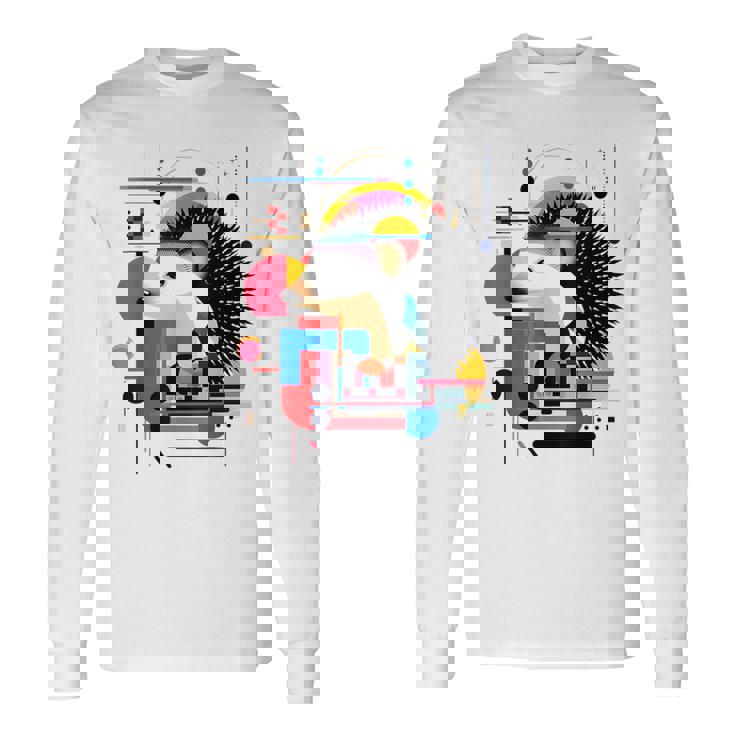 ハリネズミ アート 幾何学 動物 抽象 グラフィック ハリネズミ 長袖Tシャツ